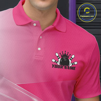 Close up left chest view of a bowling polo shirt featuring bowling ball and pins artwork arranged within a pink gradient layout.