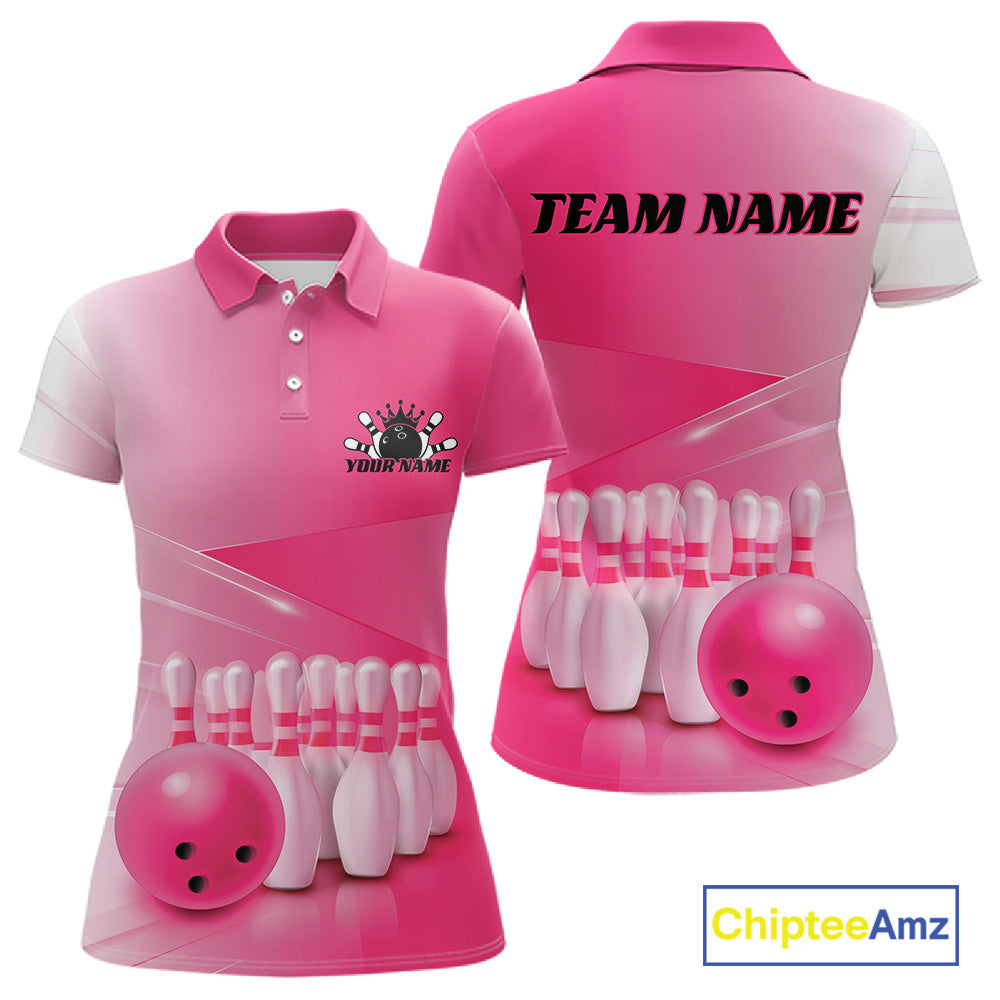 Front and back women’s polo shirt mockup featuring bowling ball and pins artwork arranged within a pink gradient layout.