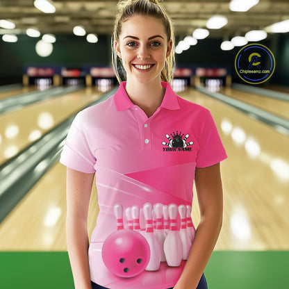 Front view female model at the bowling lane wearing a polo shirt with bowling ball and pins arranged within a pink gradient layout.