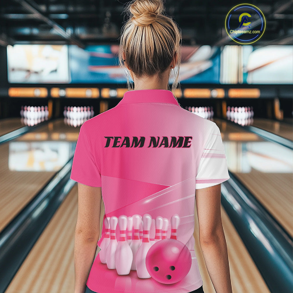Back view of a female model in a bowling lane wearing a bowling polo shirt with bowling ball and pins arranged across a pink gradient layout.