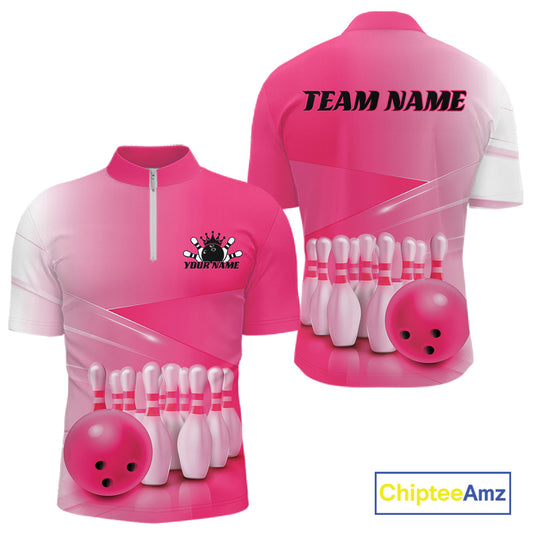 Front and back men’s bowling quarter zip shirt mockup featuring bowling ball and pins arranged within a pink gradient design.