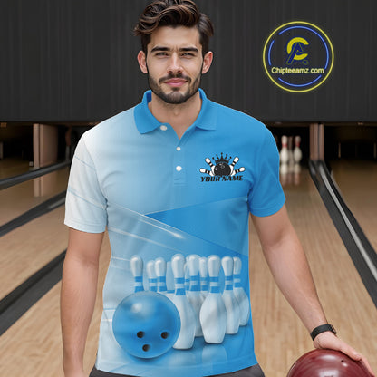 Male model front view at the bowling lane wearing a bowling polo shirt with bowling ball and pins arranged across a pink gradient layout.