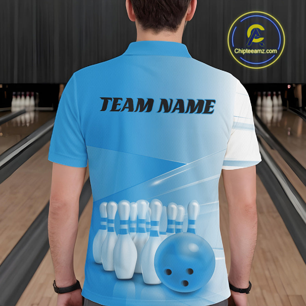 Back view of a male model in a bowling lane wearing a polo shirt with bowling ball and pins in a pink gradient layout.