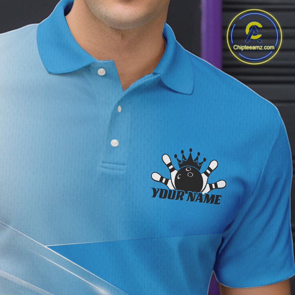 Close up left chest view of a bowling polo shirt with bowling ball and pins arranged within a pink gradient layout.