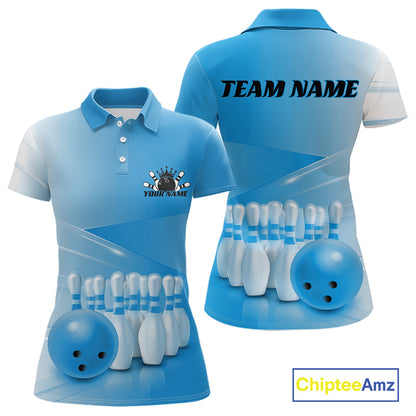 Front and back women’s polo shirt mockup featuring bowling ball and pins arranged within a pink gradient layout.