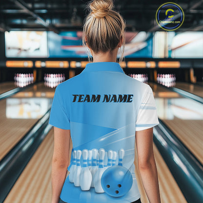 Back view of a female model in a bowling lane wearing a polo shirt with bowling ball and pins arranged in a pink gradient layout.