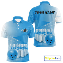 Load image into Gallery viewer, Front and back men’s bowling polo shirt mockup featuring bowling ball and pins artwork arranged within a pink gradient layout.