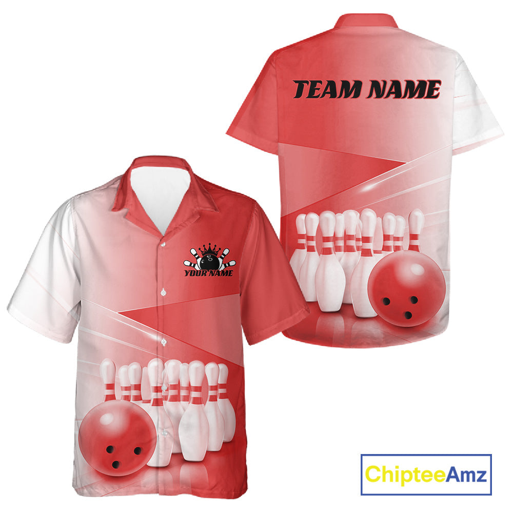 Front and back view of a button up bowling shirt with bowling ball and pins graphics arranged across a pink gradient layout.