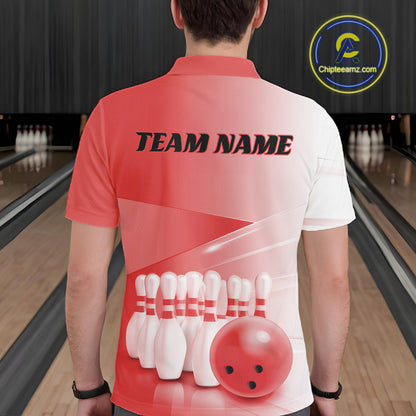 Male model back view at the bowling lane wearing a bowling polo shirt with bowling ball and pins arranged across a pink gradient layout.