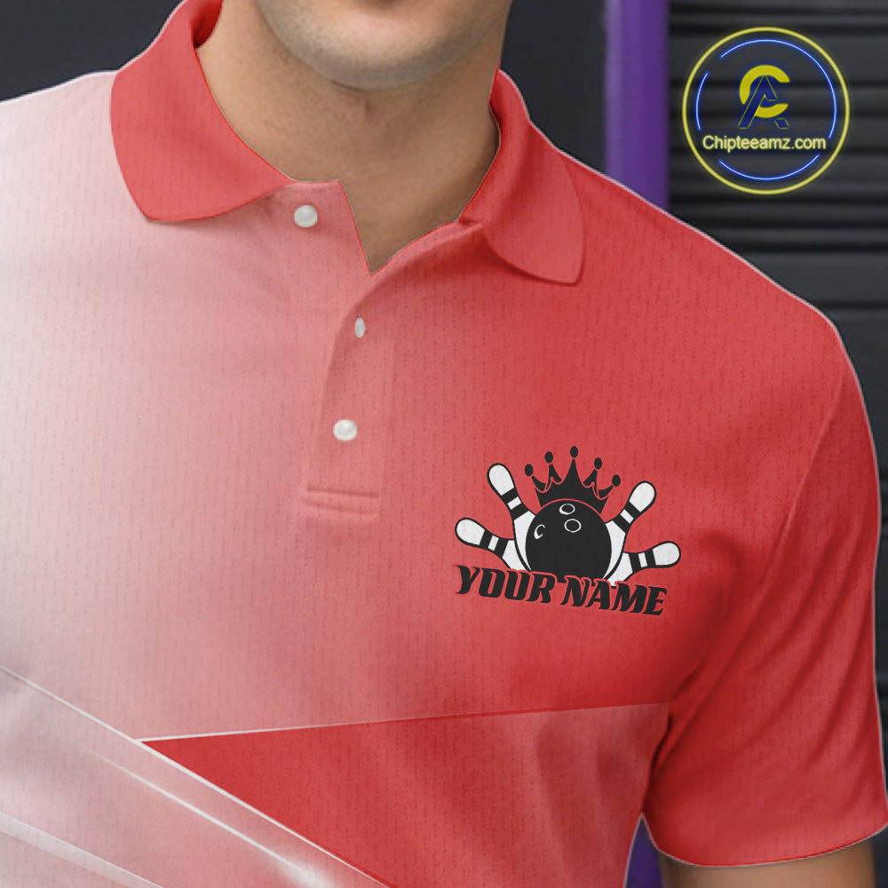 Left chest close up of a bowling polo shirt featuring bowling ball and pins graphics within a pink gradient layout.