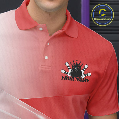Left chest close up of a bowling polo shirt featuring bowling ball and pins graphics within a pink gradient layout.