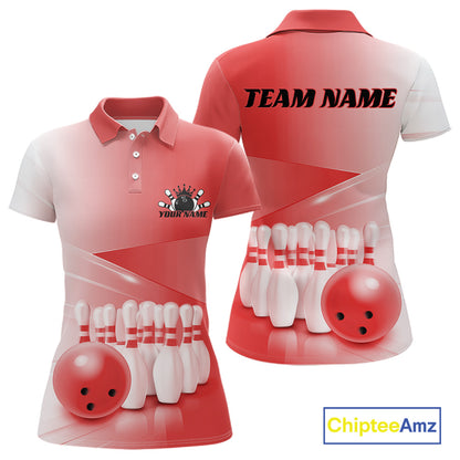 Women’s polo shirt mockup shown front and back with bowling ball and pins artwork arranged within a pink gradient layout.