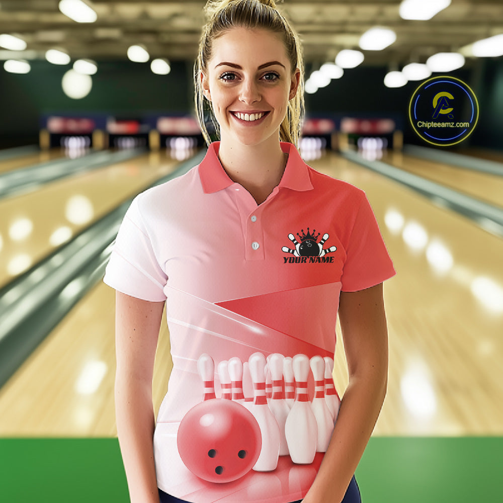 Front view of a female model in a bowling lane wearing a polo shirt with bowling ball and pins arranged across a pink gradient design.