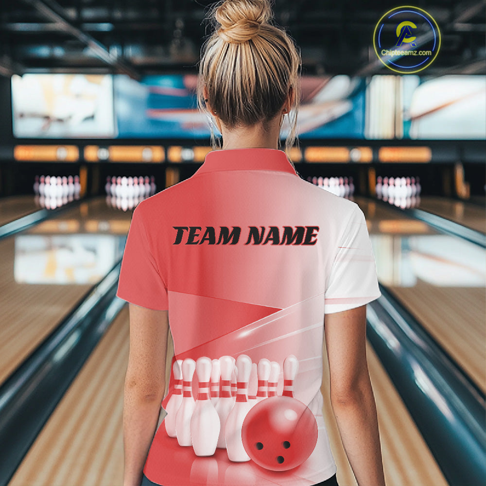 Female model back view at the bowling lane wearing a bowling polo shirt with bowling ball and pins in a pink gradient pattern.