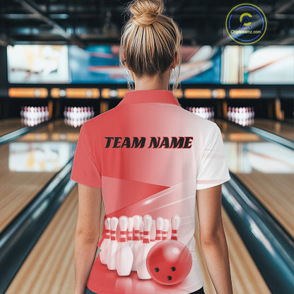 Female model back view at the bowling lane wearing a bowling polo shirt with bowling ball and pins in a pink gradient pattern.