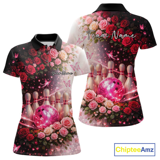 Custom Dreamy Pink Roses And Butterfly Women Bowling Polo Shirt, Ladies Bowling Shirt IPHW10896