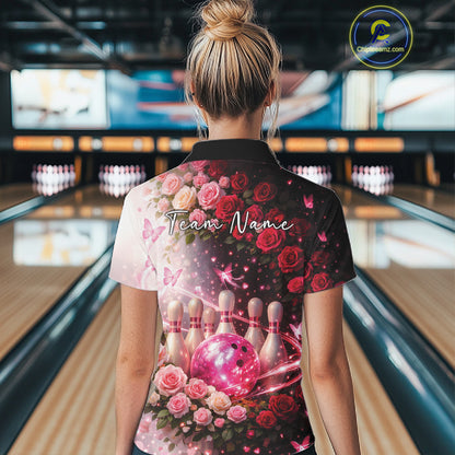 Custom Dreamy Pink Roses And Butterfly Women Bowling Polo Shirt, Ladies Bowling Shirt IPHW10896