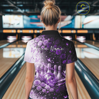 Custom Dreamy Purple Roses And Butterfly Women Bowling Polo Shirt, Ladies Bowling Shirt IPHW10899