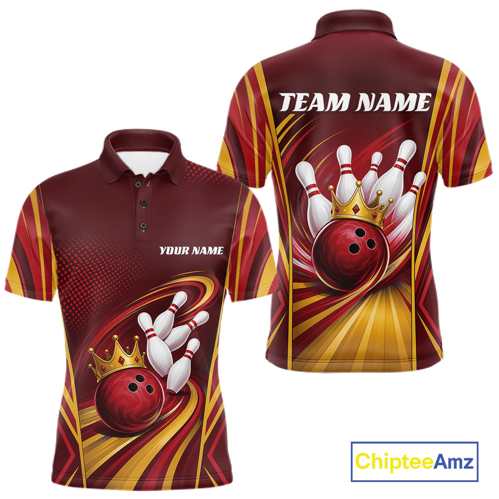 Custom Red And Gold King Crown Bowling Team Men Polo Shirt, Bowling League Shirt IPHW11824