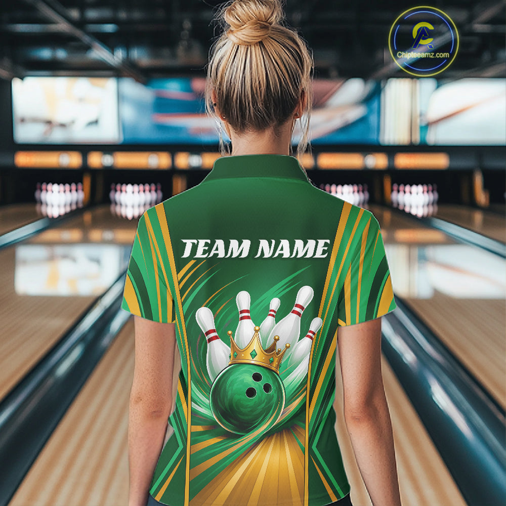 Custom Green And Gold Queen Crown Bowling Team Women Polo Shirt, Bowling League Shirt IPHW11826