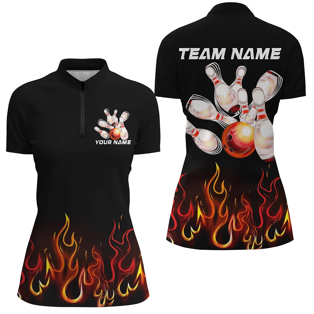 Custom Red Flame Bowling Shirts For Women, Personalized Bowling Team Shirts IPHW7377