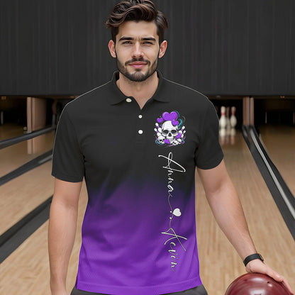 Custom Black And Purple Skull Valentines Day Couple Bowling Polo Shirts For Men IPHW8342