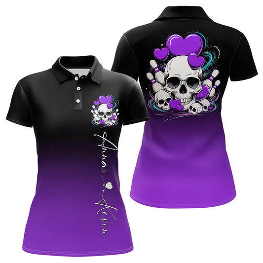 Custom Black And Purple Skull Valentines Day Couple Bowling Polo Shirts For Women IPHW8342