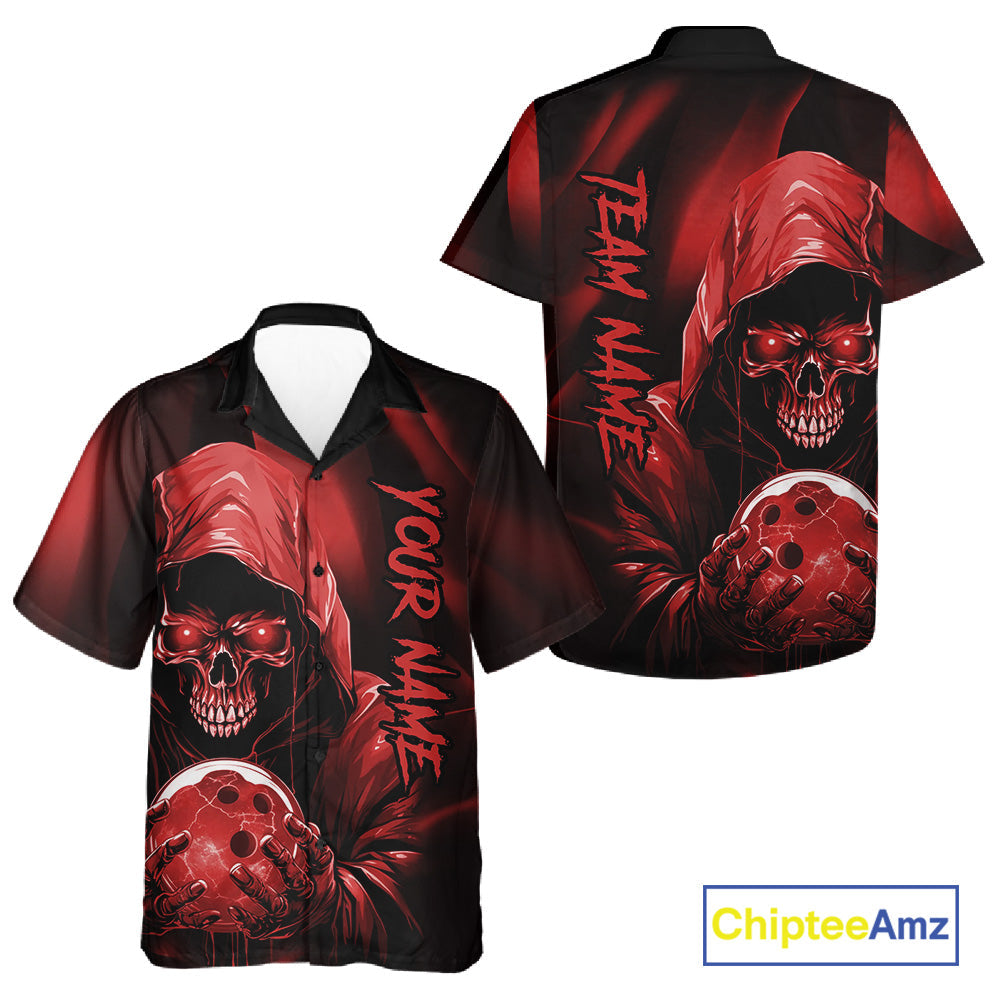 Red Bowling Grim Reaper Custom Men And Women Bowling Hawaiian Shirts Skull Bowling Team Jerseys IPHW10696