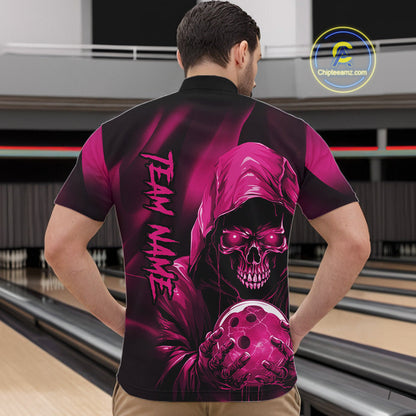 Pink Bowling Grim Reaper Custom Men Bowling Quarter-Zip Shirts Skull Bowling Team Jerseys IPHW10697