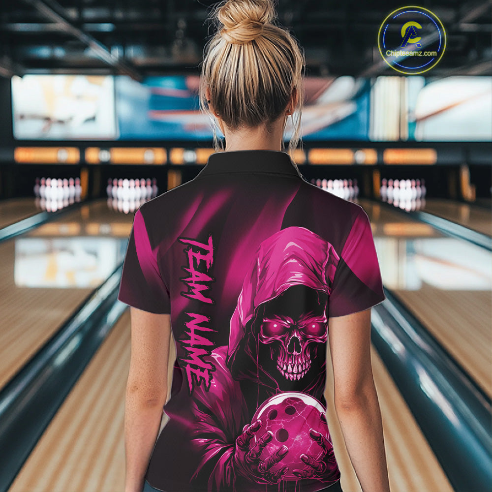 Pink Bowling Grim Reaper Custom Women Bowling Quarter-Zip Shirt Skull Bowling Jersey IPHW10697