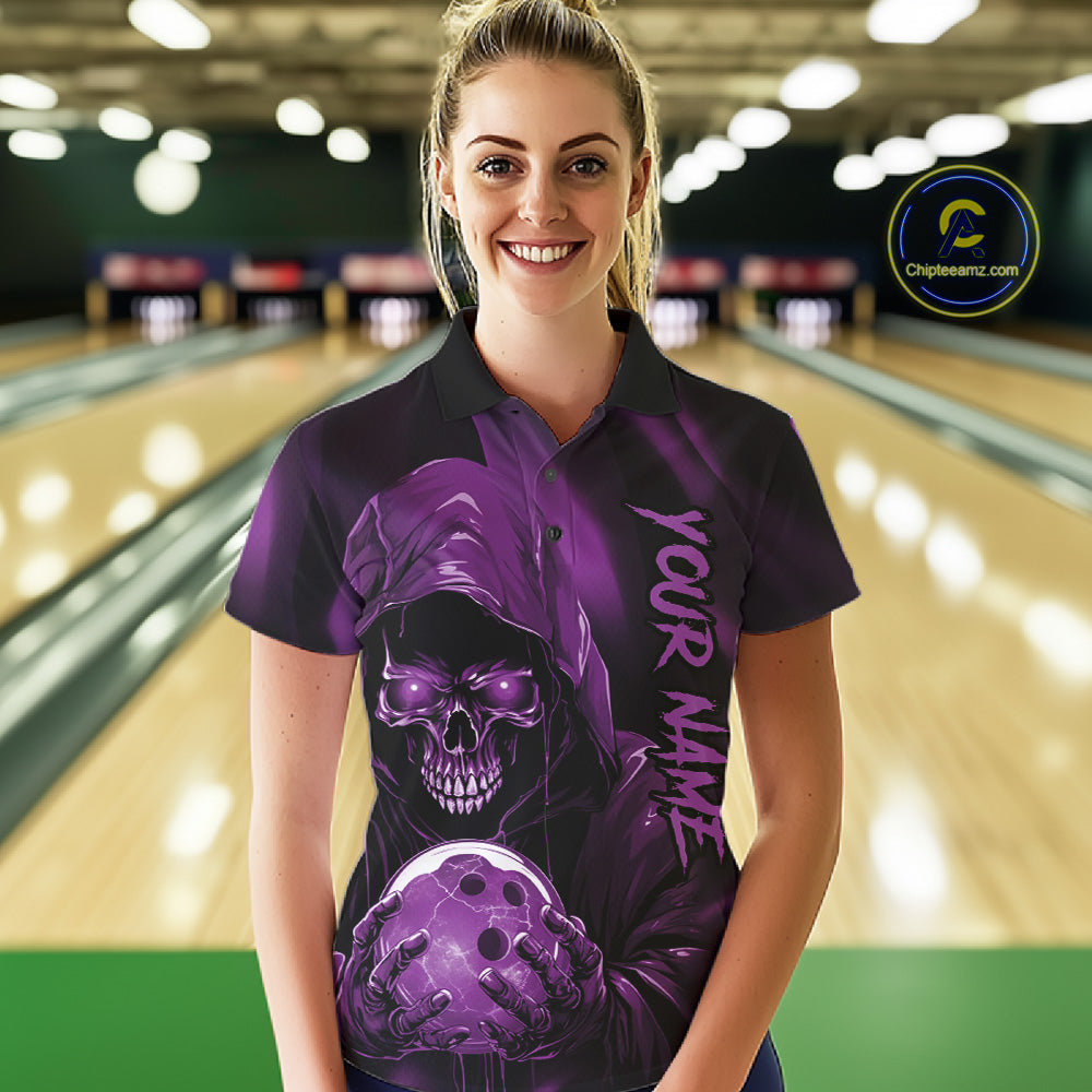 Purple Bowling Grim Reaper Custom Women Bowling Polo Shirts Skull Bowling Team Jerseys IPHW10699