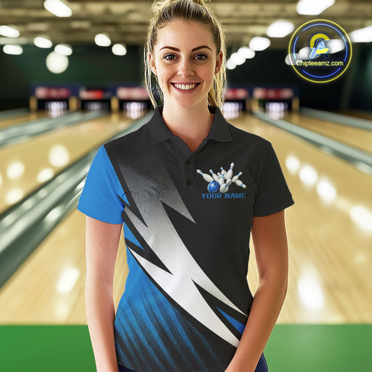 Black And Blue Custom Bowling Jerseys, Women Polo Shirt Bowling Tournament Outfits IPHW9078
