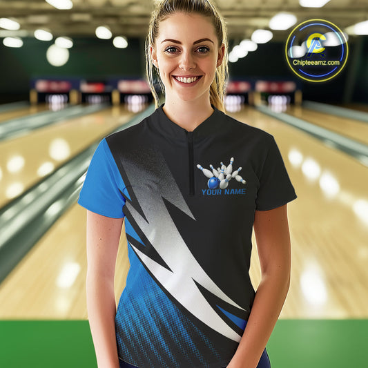 Black And Blue Custom Bowling Jerseys, Women Quarter-Zip Shirt Bowling Tournament Outfits IPHW9078