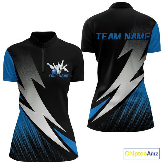 Black And Blue Custom Bowling Jerseys, Women Quarter-Zip Shirt Bowling Tournament Outfits IPHW9078