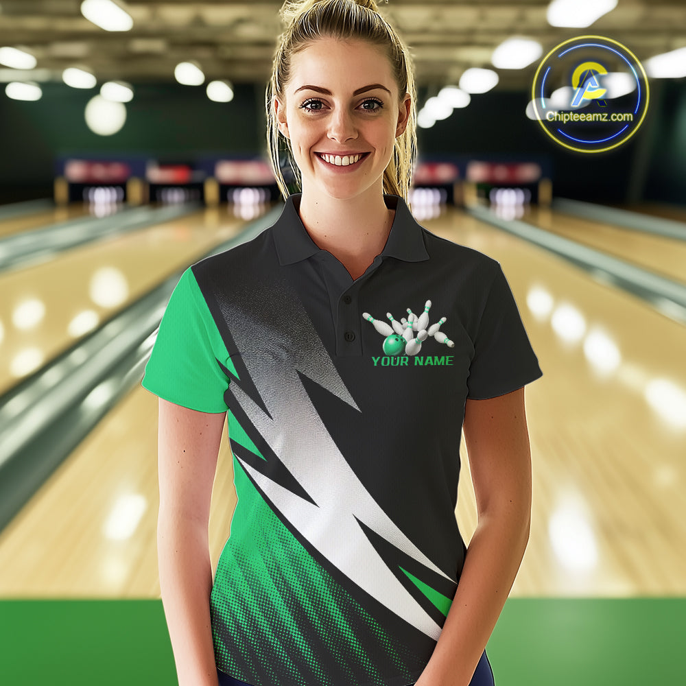 Black And Green Custom Bowling Jerseys, Women Polo Shirt Bowling Tournament Outfits IPHW9079