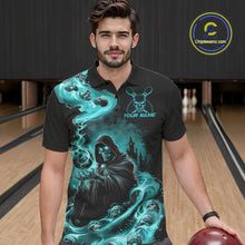 Load image into Gallery viewer, Custom Grim Reaper Bowling Polo Shirts For Men, Teal Blue Flame Skull Halloween Design IPHW9082