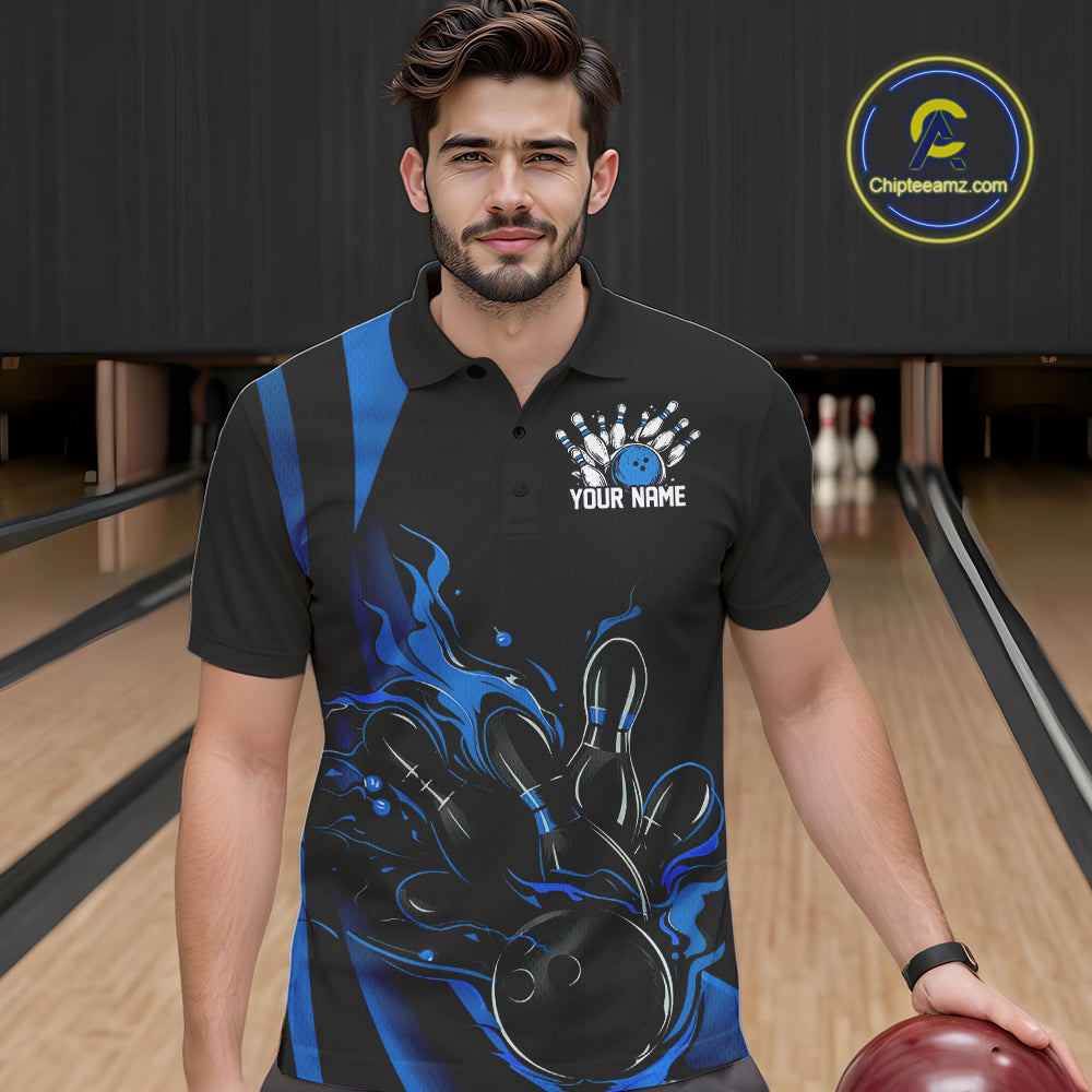 Custom Mid Blue Flame Bowling Polo Shirts For Men, Striking Fire Jerseys Team Uniform IPHW9084
