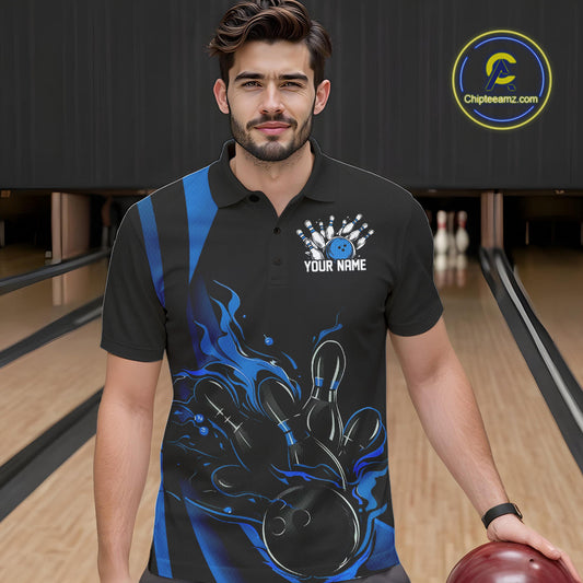 Custom Mid Blue Flame Bowling Polo Shirts For Men, Striking Fire Jerseys Team Uniform IPHW9084