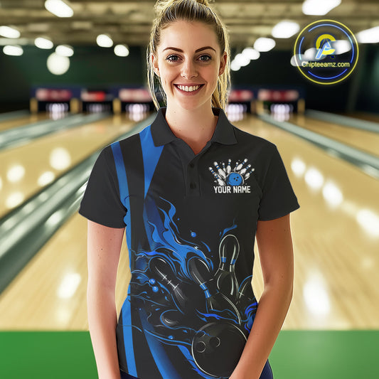 Custom Mid Blue Flame Bowling Polo Shirts For Women, Striking Fire Jerseys Team Uniform IPHW9084