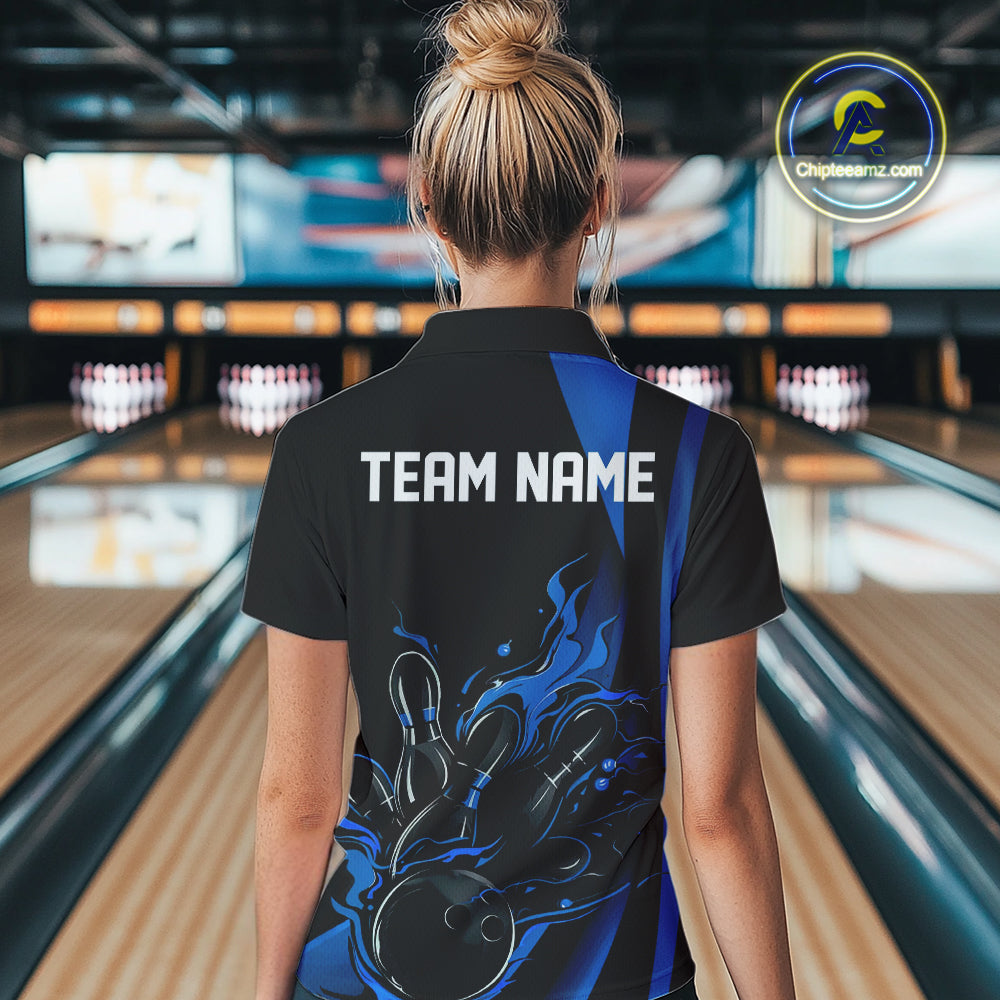 Custom Mid Blue Flame Bowling Polo Shirts For Women, Striking Fire Jerseys Team Uniform IPHW9084