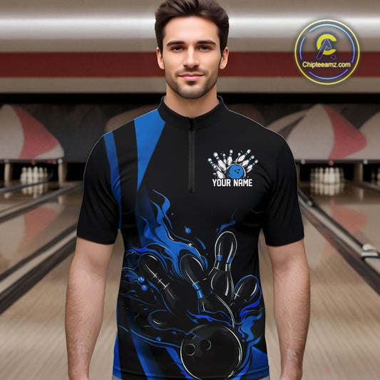Custom Mid Blue Flame Bowling Quarter-Zip Shirts For Men, Striking Fire Jerseys Team Uniform IPHW9084