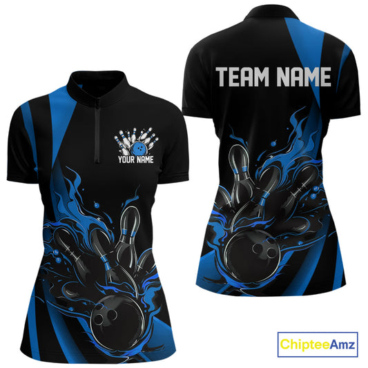 Custom Mid Blue Flame Bowling Women Quarter-Zip Shirt, Striking Fire Jerseys Team Uniform IPHW9084