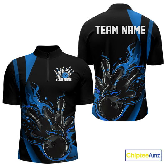 Custom Mid Blue Flame Bowling Quarter-Zip Shirts For Men, Striking Fire Jerseys Team Uniform IPHW9084