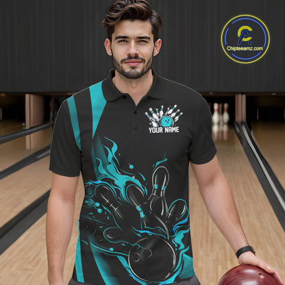 Custom Teal Blue Flame Bowling Polo Shirts For Men, Striking Fire Jerseys Team Uniform IPHW9085