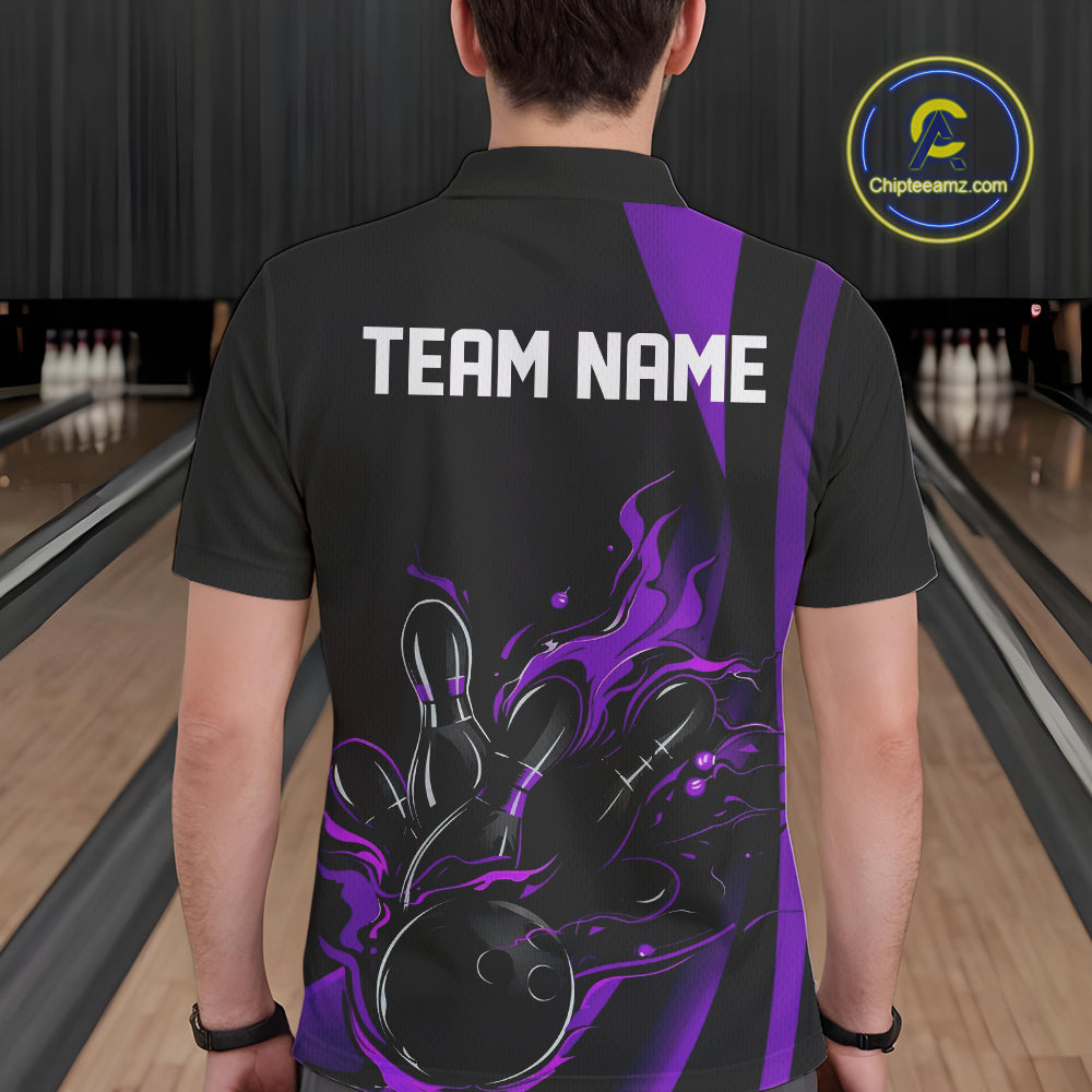 Custom Purple Flame Bowling Polo Shirts For Men, Striking Fire Jerseys Team Uniform IPHW9087