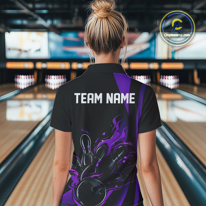 Custom Purple Flame Bowling Polo Shirts For Women, Striking Fire Jerseys Team Uniform IPHW9087