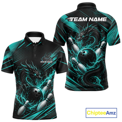 Custom Turquoise Blue Flame Dragon Bowling Jersey, Dragon Bowling Men Polo Shirt IPHW11834