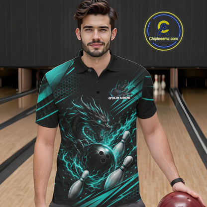 Custom Turquoise Blue Flame Dragon Bowling Jersey, Dragon Bowling Men Polo Shirt IPHW11834