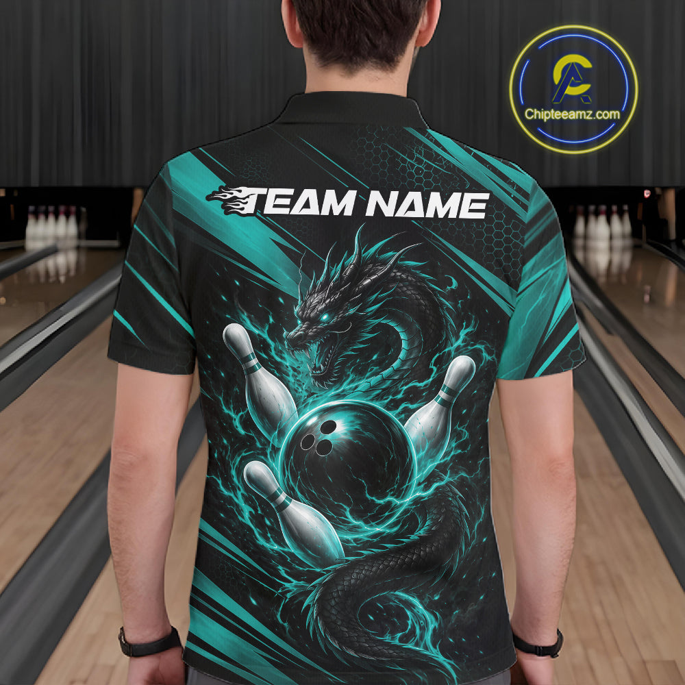 Custom Turquoise Blue Flame Dragon Bowling Jersey, Dragon Bowling Men Polo Shirt IPHW11834
