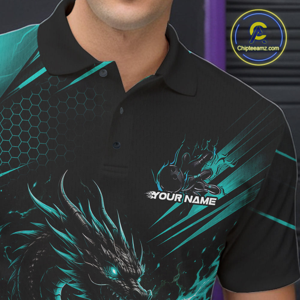 Custom Turquoise Blue Flame Dragon Bowling Jersey, Dragon Bowling Men Polo Shirt IPHW11834